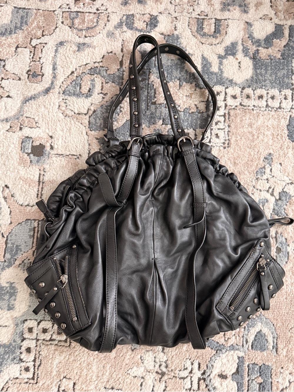 Black Studded Drawstring Shoulder Tote